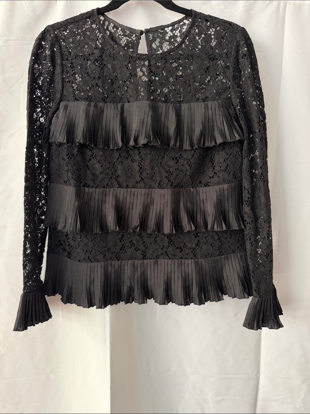 J. Crew Women’s Black Lace Ruffle & Pleated Tiered Top Sz 2
